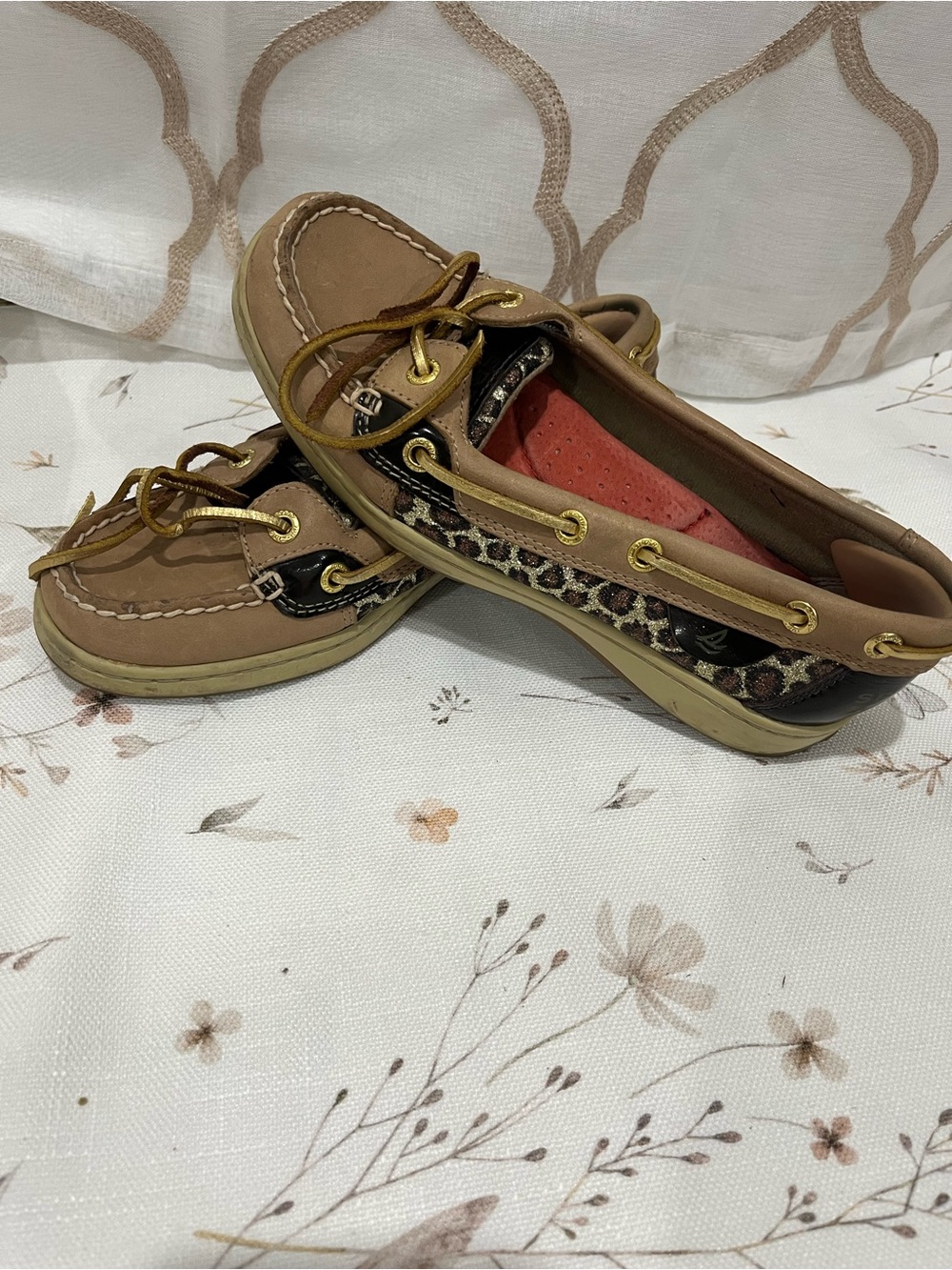Sperry Tan Leather Moccasins with Leopard Trim